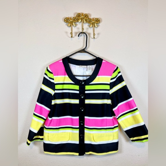 Kim Rogers Jackets & Blazers - Kim Rogers Black, Hot Pink & Yellow Striped Short Sleeve Blazer. Size MP